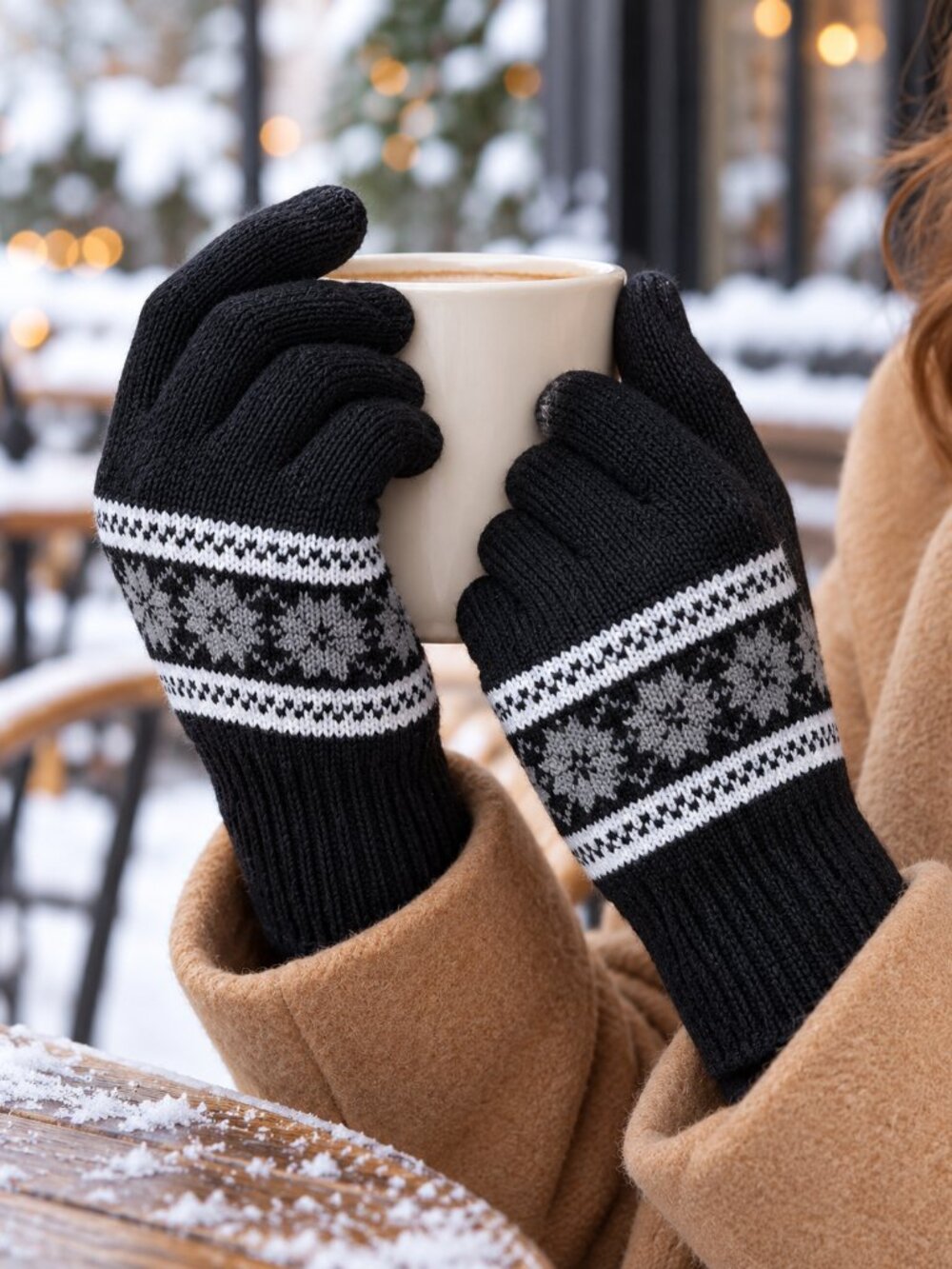 NWT Women’s Black Snowflake Knit Gloves Gray White Fair Isle One Size